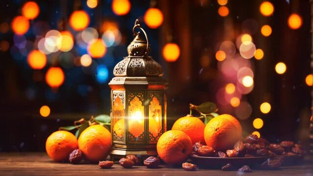 Seamless looping animation of arabic lantern lights background with night sky and moon. Ramadan and Eid al-Fitr mubarak background. Islamic design.