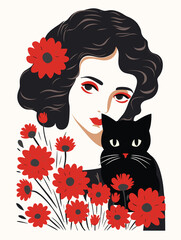 beautiful portrait of a woman hugging cute cat vector illustration
