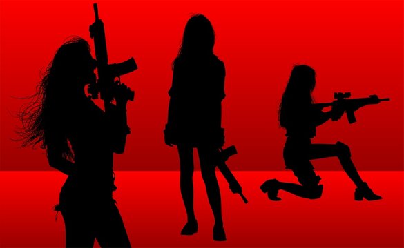 vector, ilustraci&oacute;n, mujer, pegatina, armas, pistolas, poses