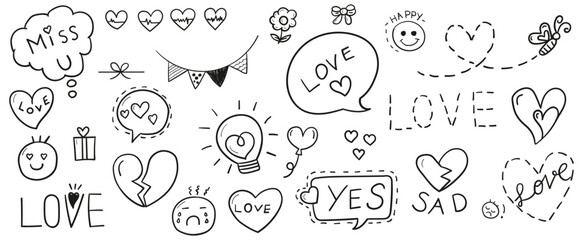 Hand drawn line doodles vector design elements set of bow, bell, gift box, heart, balloon, flower, love emoticon. Love concept illustration. - obrazy, fototapety, plakaty