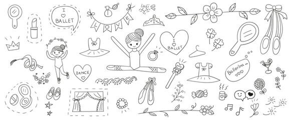Hand drawn line doodles vector design elements set of ballerina girl, ballet dress, pointe shoes, crown, hand mirror, diamond ring, makeup powder, stage. Ballet elements concept illustration. - obrazy, fototapety, plakaty