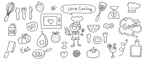 Hand drawn line doodles vector design elements set of cook text, cutting board, egg beater, knife, ladle, microwave, milk box, omelet pan, pumpkin, spoon fork and dish, weight scale. Cooking elements 