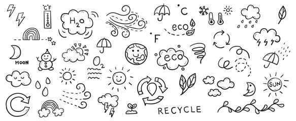 Hand drawn line doodles vector design elements set of ecology, storm, sunny, rainy, windy, temperature, moon, rainbow, sun, earth . Eco and weather elements concept illustration. - obrazy, fototapety, plakaty