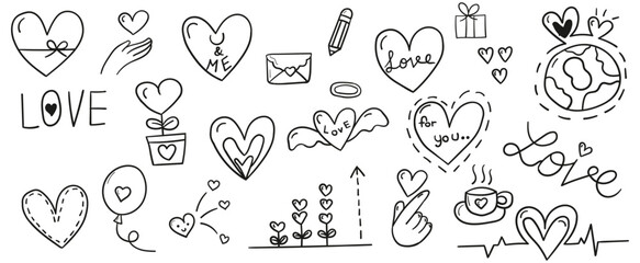 Hand drawn line doodles vector design elements set of hearts, love balloon, love letter, bow ,love word, flower pot. Love concept illustration.