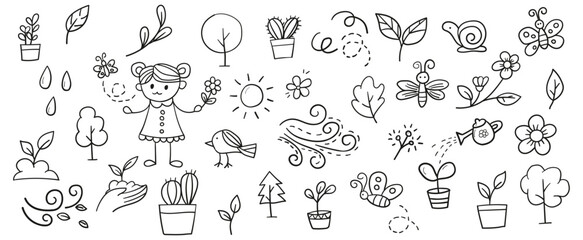 Hand drawn line doodles vector design elements set of leaf, tree, bird, blossoms, butterfly, cactus, flower, snail. Nature elements concept illustration.