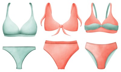 Watercolor hand drawn swimsuit illustration Swimsuit clip isolated on white background. Beach fashion.