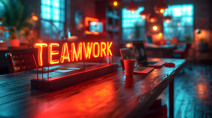 Neon “TEAMWORK” sign inside modern office - motivational - Teambuilding - design and decor - corporate slogan