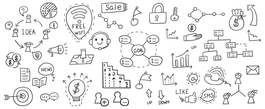 Hand drawn line doodles vector design elements set of money, megaphone, light bulb, target, pin map, Pie graph, people organization, mind map. Business concept illustration. © yindee
