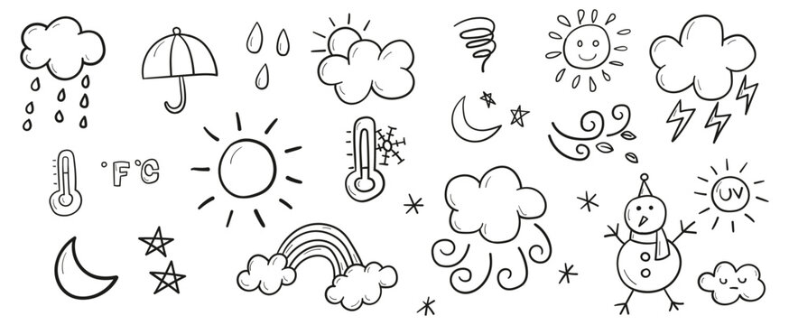 Hand drawn line doodles vector design elements set of storm, sunny, rainy, windy, temperature, moon, rainbow, sun, snowman. Weather elements concept illustration.