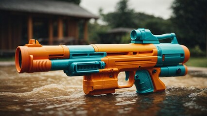 Close-up high-resolution image of a modern and colorful water gun toy. Modern toys collections