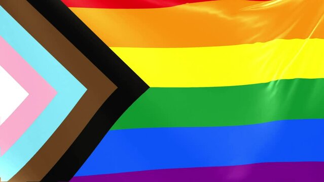 Full Screen Progress Pride flag waving in the wind HD. LGBT, LGBTQIA+ Rainbow, Equality. Pride Month. 6 Stripe