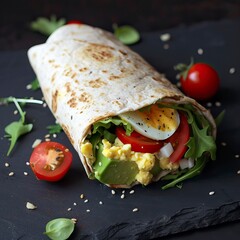 Egg and Avocado Wrap, Black Surface Table, minimalistic decor 