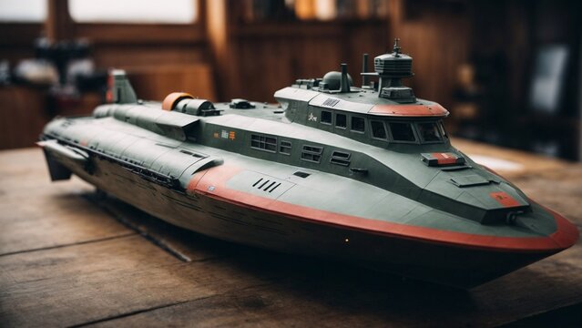 Close-up high-resolution image of a cool and hi-tech remote control ship toy. Modern toys collection.
