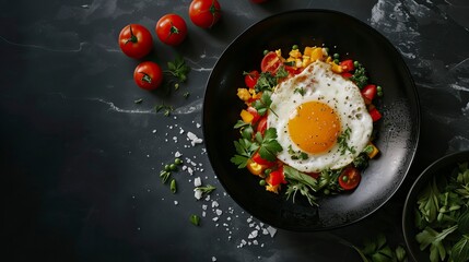 Egg and Veggie Scramble, Black Surface Table, minimalistic decor 