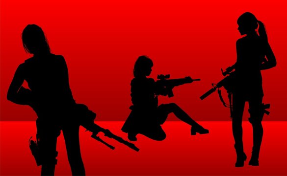 vector, ilustraci&oacute;n, mujer, pegatina, armas, pistolas