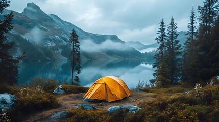 Tent Camping peak area with mountains view, early morning, fog, beautiful natural place.