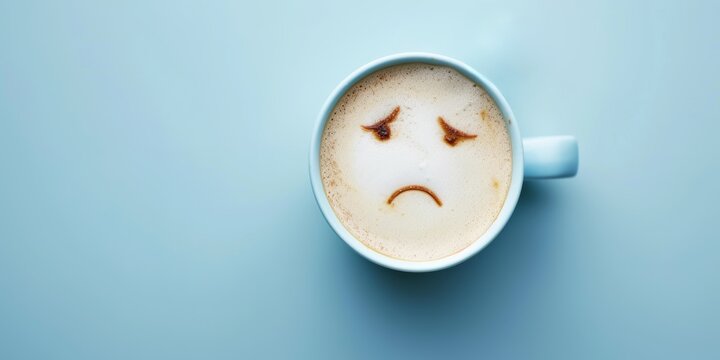 Woman hands holding coffee cup with sad face drawn on coffee. on blue background with copy space. Emotions, blue monday, hard morning, difficult day concept
