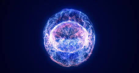 Fotobehang Abstract glowing looped light hi-tech energy blue round ball sphere atom clot of energy from lines and particles futuristic, abstract background © Bolbik