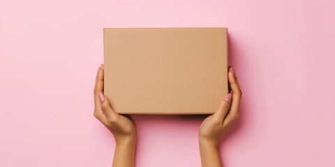 Female hand holding brown cardboard box on pastel pink background. Top view to mockup parcel box. Packaging, shopping, delivery concept