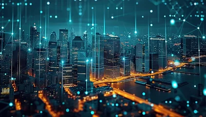 Foto op Plexiglas Futuristic cityscape illuminated with digital technology and neon lights modern urban panorama of skyscrapers and connected networks abstract concept represents pulse of smart city at night © Thares2020