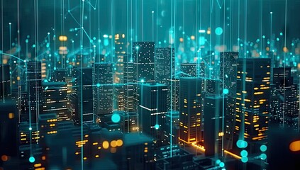 Futuristic cityscape illuminated with digital technology and neon lights modern urban panorama of skyscrapers and connected networks abstract concept represents pulse of smart city at night - obrazy, fototapety, plakaty