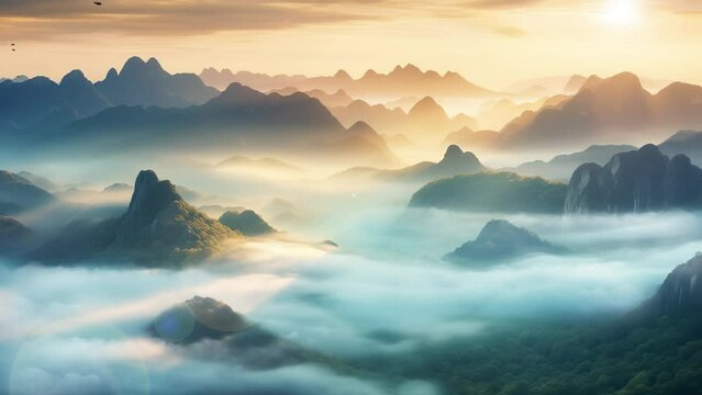 amazing scenery of nature. fog and cloud mountain at sunrise. seamless looping overlay 4k virtual video animation background 