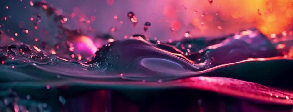Close-up of vibrant water droplets splashing on a surface, with a warm, orange and red bokeh background creating a dynamic and colorful scene, horizontal video