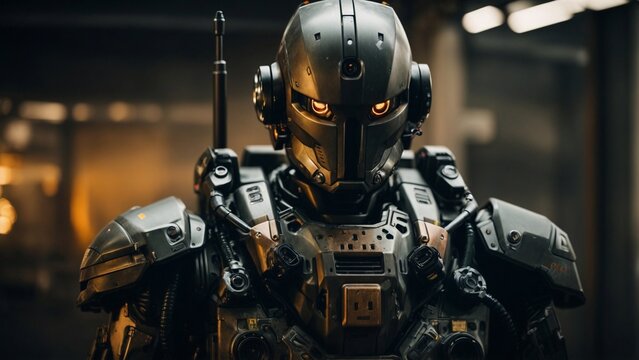 Close-up high-resolution image of a scarry war robot. Advanced artificial intelligence in military industry.