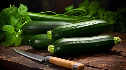Fresh organic zucchini on the wooden table with knife
