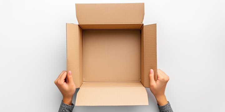 Top view to female hands opening empty brown cardboard box on white background. Mockup parcel box. Packaging, shopping, delivery concept