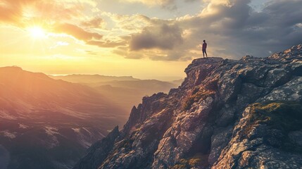 A person stands on the edge of a rugged cliff overlooking a vast mountainous landscape. The sun is...