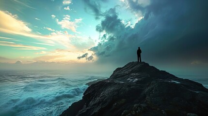 A lone figure stands atop a rugged rocky cliff overlooking a tumultuous sea. The horizon stretches wide as the tumultuous waves crash below. The sky is a dramatic mix of clouds and light, with the sun