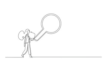 Continuous one line drawing businesswoman standing holding giant magnifier to searches, analyzes, finds all the necessary data. Single line draw design vector illustration