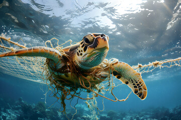 Turtle get stucked in the net. Save oceanlife, dont leave the trash to the ocean, turtle, octopus, diver found trash