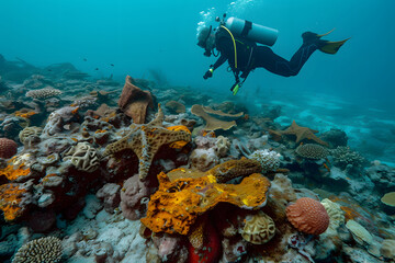 Fototapeta premium Save oceanlife, dont leave the trash to the ocean, turtle, octopus, diver found trash