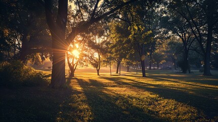 Fototapeta premium An idyllic park landscape bathed in the warm glow of a setting or rising sun, which casts a golden light and long shadows over the scene. Lush green trees with full canopies are scattered throughout t