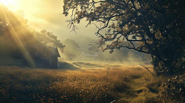 The image showcases a tranquil rural scene during golden hour, with the sun casting soft, warm rays through a scattering of trees. The sunlight filters through the leaves and branches, creating a stri