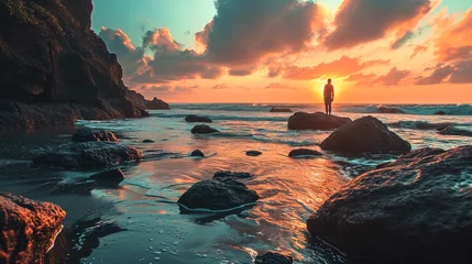 Wall murals Reflection A serene beach scene at sunset with warm colors filling the sky, reflected off wet sand and rocks. A single person stands on a larger rock to the right, silhouetted against the vibrant backdrop of the