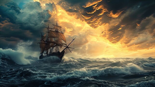 An old sailing ship is battling tumultuous sea waves during a dramatic sunset. The ship, fully rigged with brown sails unfurled, tilts to its starboard side amidst the churning ocean. Splashes of seaw