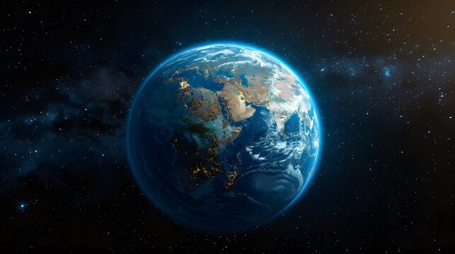 Nightly Planet earth globe in dark outer space. Satellite, Solar system element, surface. © Almultazam