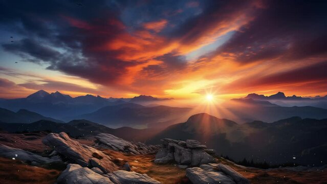 panorama of sunset in the mountains. sunset over the mountains. seamless looping overlay 4k virtual video animation background 
