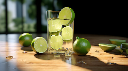 Glass of limeade on table with limes and lime.