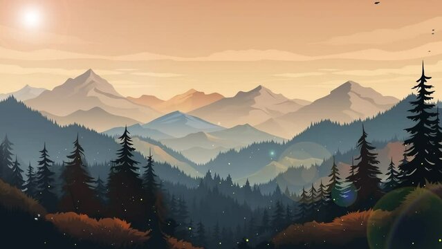 realistic mountains landscape morning wood panorama. seamless looping overlay 4k virtual video animation background 