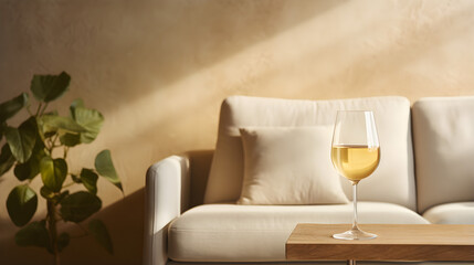 Glass of white wine on sofa with wooden armrest tab
