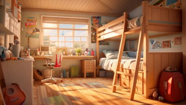 Cute children's bunk in a bedroom. wide-angle lens morning light