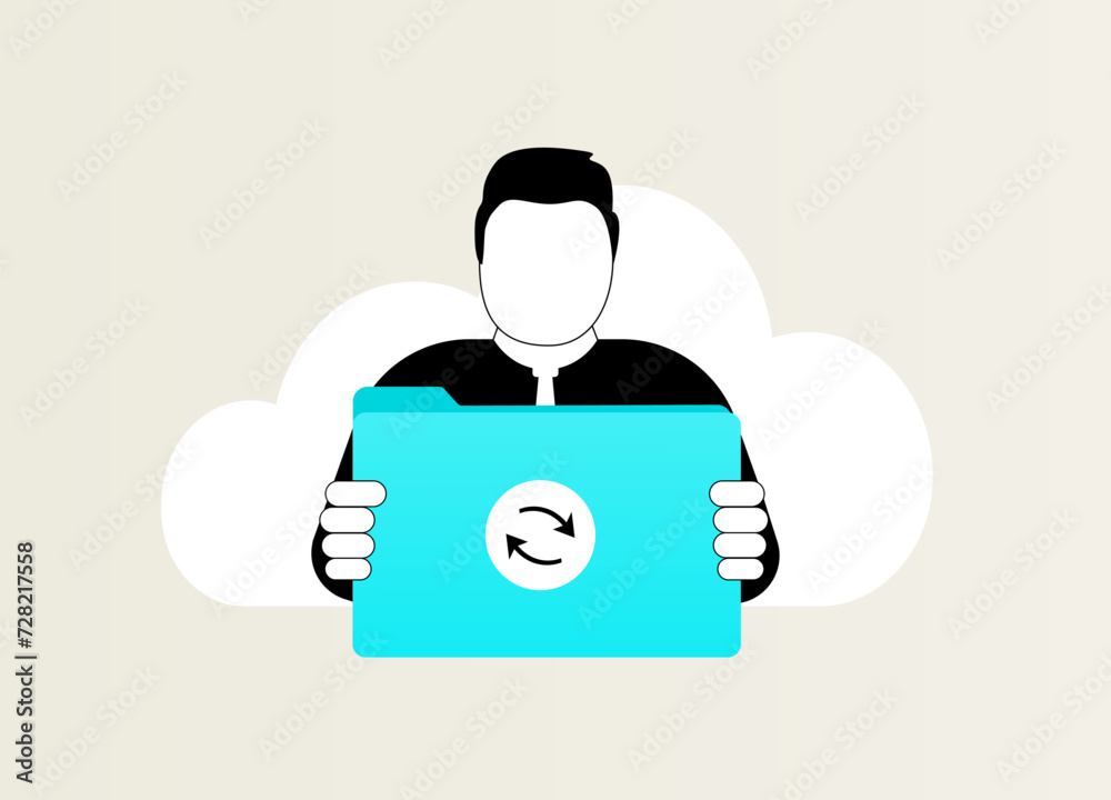 Poster cloud file synchronization. illustration of man holding computer folder with sync icon. seamless clo