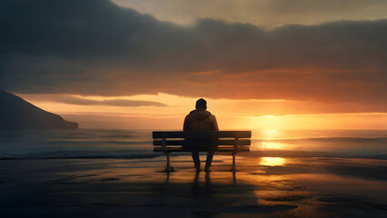 Fototapeta na wymiar An image of depression showing a man sitting on an abandoned bench at sunset , Generative AI 