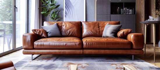 Big Leather Sofa Elevates the Spacious Living Room Interior with Style and Comfort