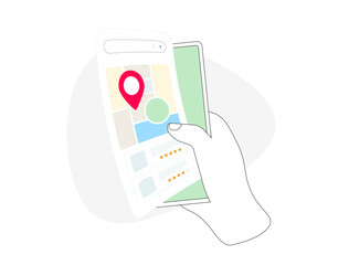 Enhance local ranking and online presence with Local SEO. Optimize for nearby customers and boost offline business. Vector illustration with hand holding phone and local reviews on map searches
