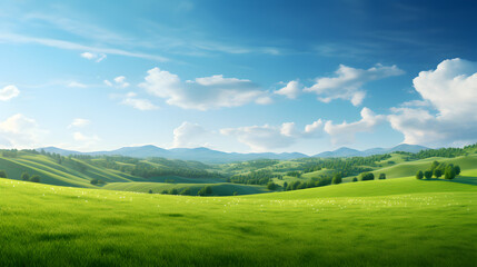 Green meadow on a hilly landscape. Wide photo